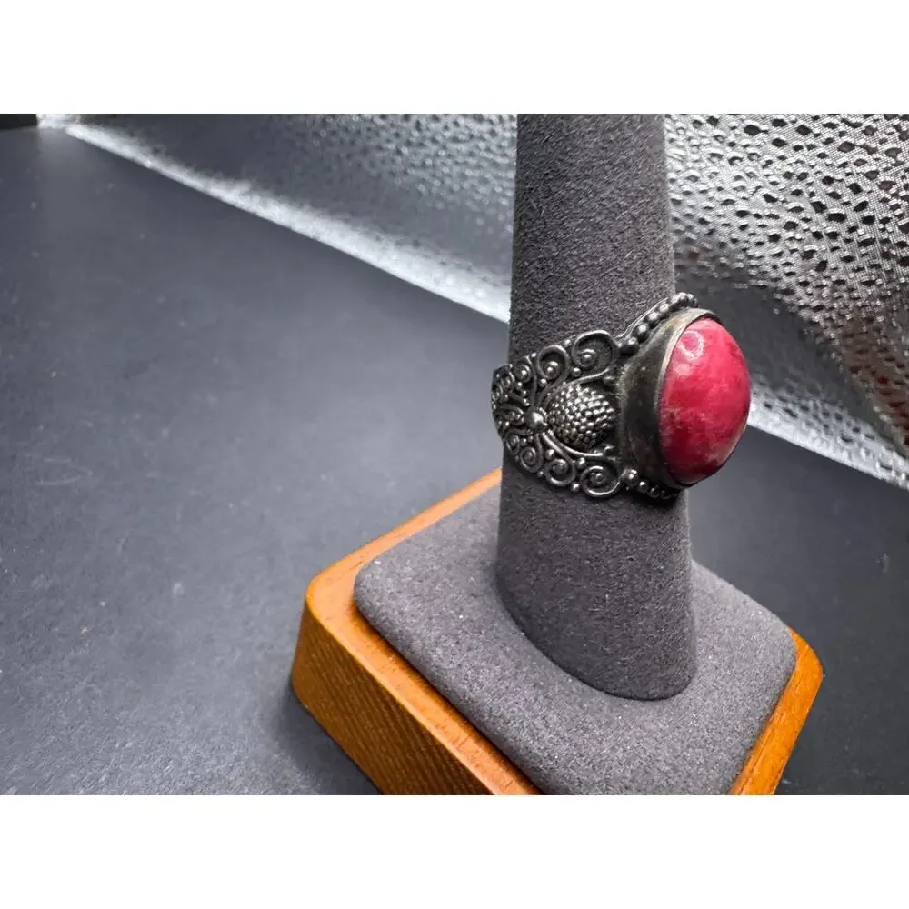 Vintage Rhodonite Sterling Silver 925 Ornate Filigree Cocktail Ring Sz 8
